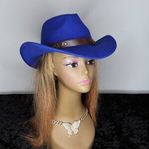 Women's Blue Fedora with Brown Leather Strap